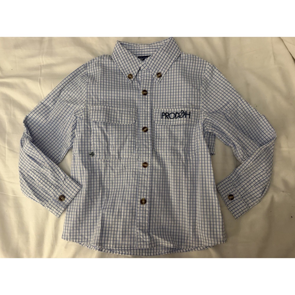 PRODOH Boys Blue/White Gingham Long Sleeve Button-Up Shirt  6 Pockets Fishing